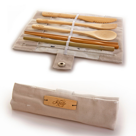 Zero Waste Plastic Free Reusable Bamboo Cutlery Set Fork, Spoon, Knife, Chopsticks, Straw